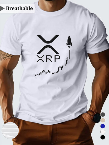 Men'S XRP Graphic T-Shirt - Casual Short Sleeve, Breathable Polyester, Black with White Print, Perfect for Summer Outings, Crypto-Themed Apparel | Crew Neck | Regular Fi