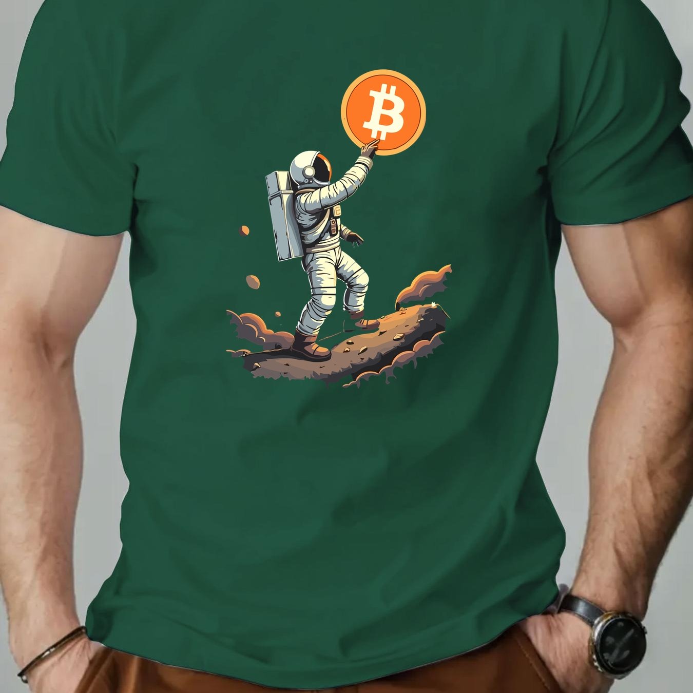 Men'S Astronaut Holding Bitcoin Graphic T-Shirt - Casual Crew Neck, Short Sleeve, Summer Tee, Cotton Blend, Space-Themed Design, Astronaut Shir