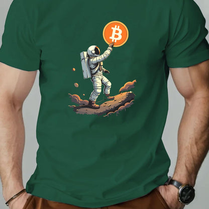 Men'S Astronaut Holding Bitcoin Graphic T-Shirt - Casual Crew Neck, Short Sleeve, Summer Tee, Cotton Blend, Space-Themed Design, Astronaut Shir