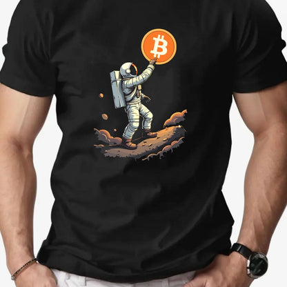 Men'S Astronaut Holding Bitcoin Graphic T-Shirt - Casual Crew Neck, Short Sleeve, Summer Tee, Cotton Blend, Space-Themed Design, Astronaut Shir