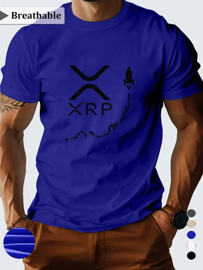 Men'S XRP Graphic T-Shirt - Casual Short Sleeve, Breathable Polyester, Black with White Print, Perfect for Summer Outings, Crypto-Themed Apparel | Crew Neck | Regular Fi