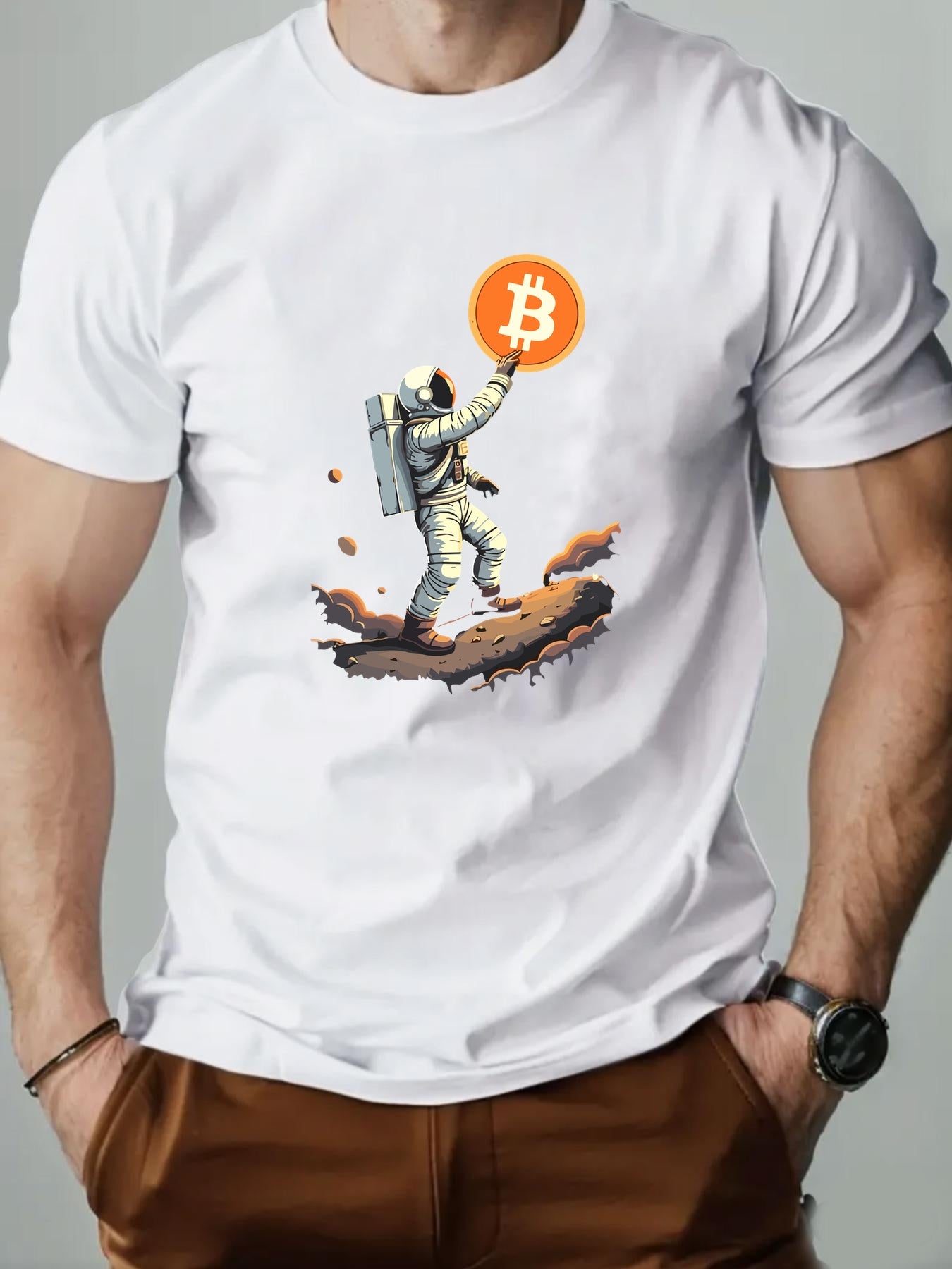 Men'S Astronaut Holding Bitcoin Graphic T-Shirt - Casual Crew Neck, Short Sleeve, Summer Tee, Cotton Blend, Space-Themed Design, Astronaut Shir