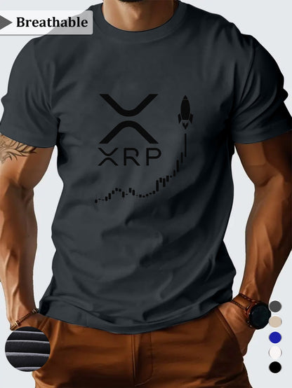 Men'S XRP Graphic T-Shirt - Casual Short Sleeve, Breathable Polyester, Black with White Print, Perfect for Summer Outings, Crypto-Themed Apparel | Crew Neck | Regular Fi