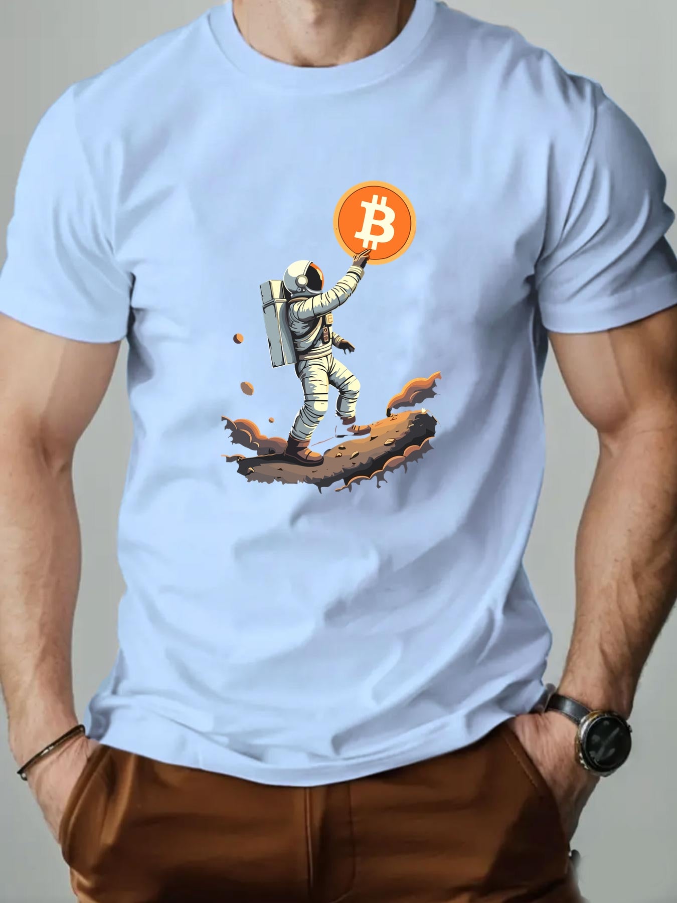Men'S Astronaut Holding Bitcoin Graphic T-Shirt - Casual Crew Neck, Short Sleeve, Summer Tee, Cotton Blend, Space-Themed Design, Astronaut Shir