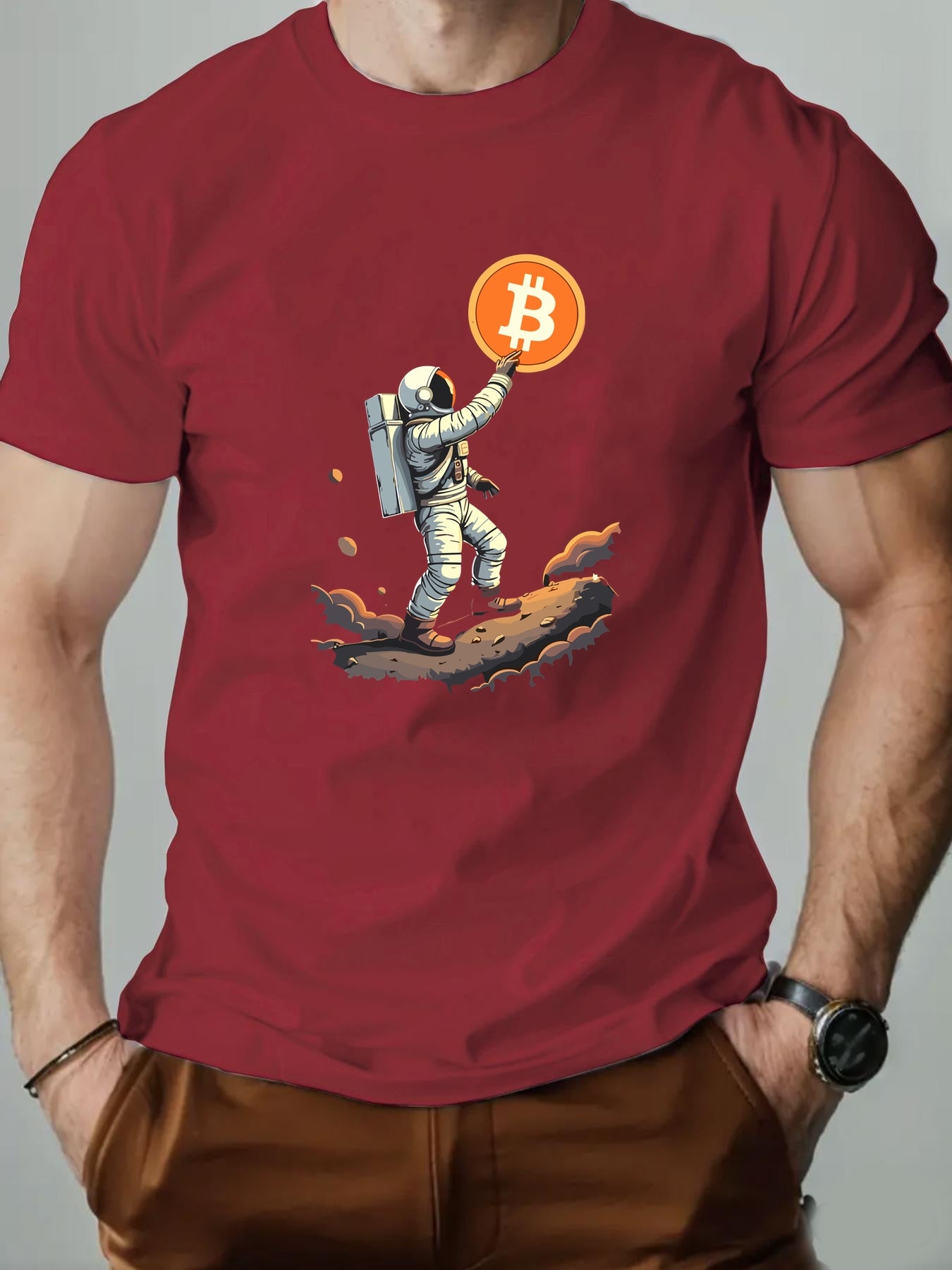 Men'S Astronaut Holding Bitcoin Graphic T-Shirt - Casual Crew Neck, Short Sleeve, Summer Tee, Cotton Blend, Space-Themed Design, Astronaut Shir
