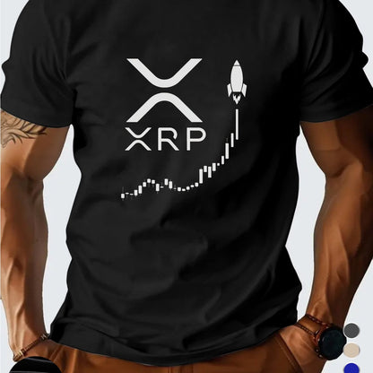 Men'S XRP Graphic T-Shirt - Casual Short Sleeve, Breathable Polyester, Black with White Print, Perfect for Summer Outings, Crypto-Themed Apparel | Crew Neck | Regular Fi