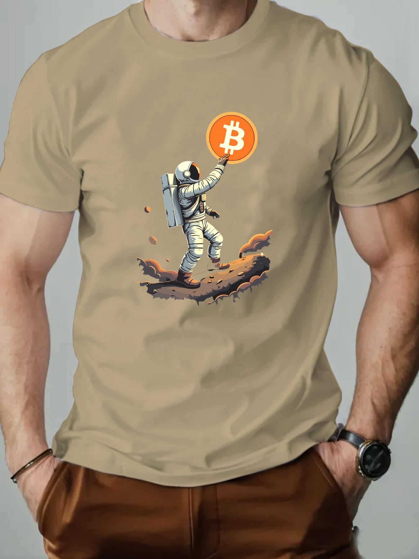 Men'S Astronaut Holding Bitcoin Graphic T-Shirt - Casual Crew Neck, Short Sleeve, Summer Tee, Cotton Blend, Space-Themed Design, Astronaut Shir