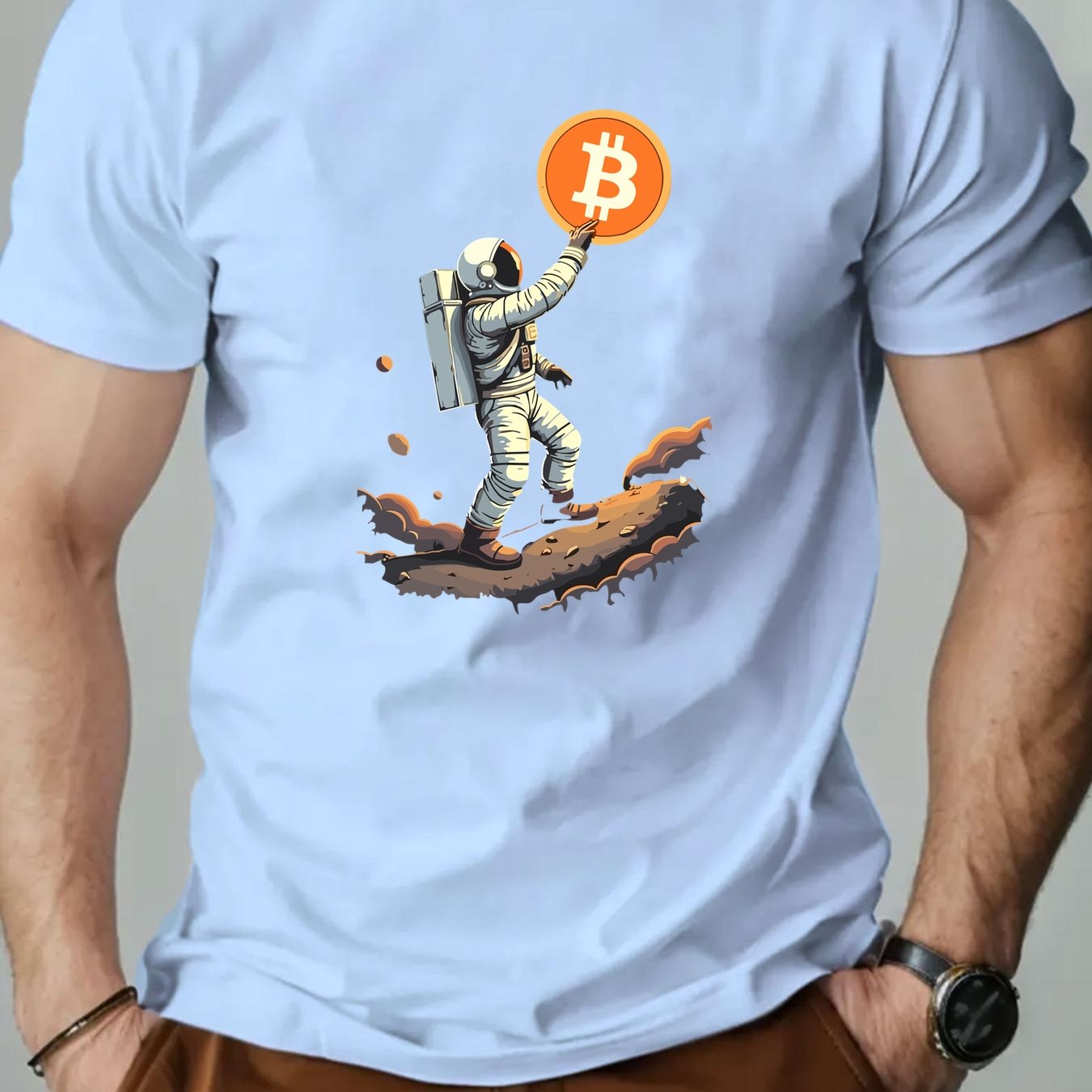 Men'S Astronaut Holding Bitcoin Graphic T-Shirt - Casual Crew Neck, Short Sleeve, Summer Tee, Cotton Blend, Space-Themed Design, Astronaut Shir