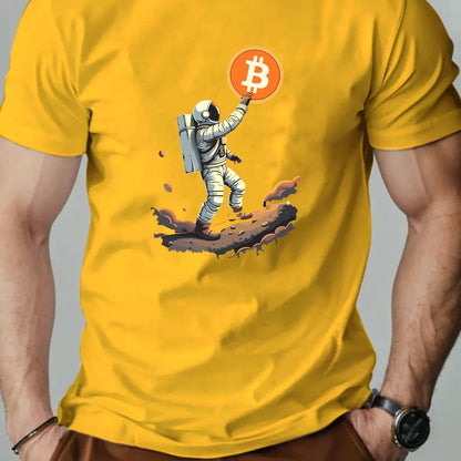 Men'S Astronaut Holding Bitcoin Graphic T-Shirt - Casual Crew Neck, Short Sleeve, Summer Tee, Cotton Blend, Space-Themed Design, Astronaut Shir