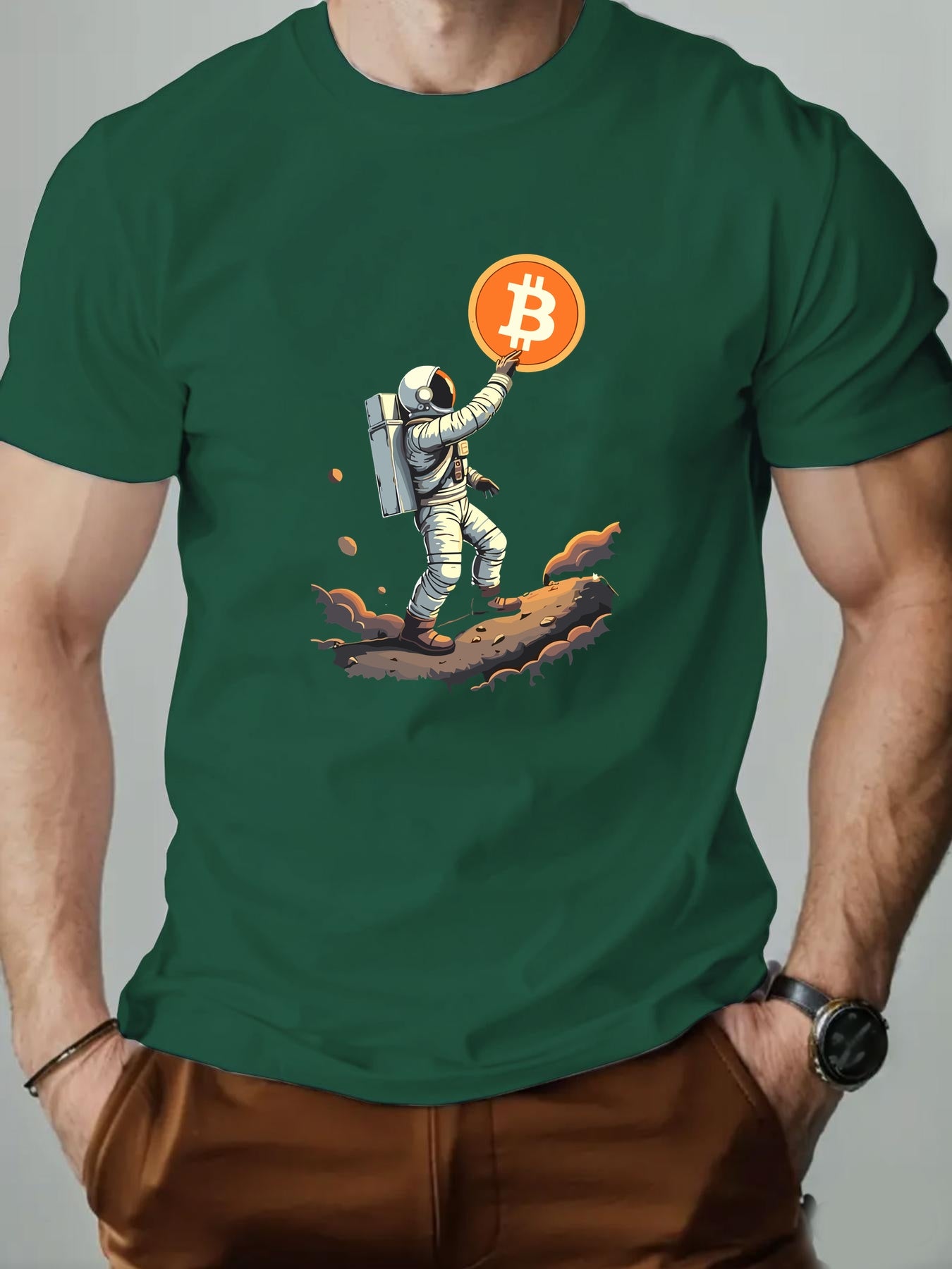 Men'S Astronaut Holding Bitcoin Graphic T-Shirt - Casual Crew Neck, Short Sleeve, Summer Tee, Cotton Blend, Space-Themed Design, Astronaut Shir