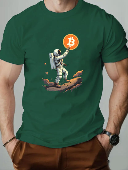 Men'S Astronaut Holding Bitcoin Graphic T-Shirt - Casual Crew Neck, Short Sleeve, Summer Tee, Cotton Blend, Space-Themed Design, Astronaut Shir