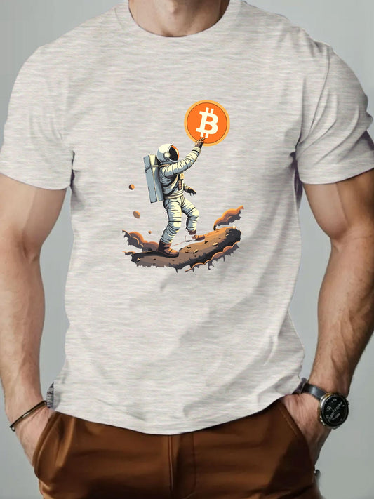 Men'S Astronaut Holding Bitcoin Graphic T-Shirt - Casual Crew Neck, Short Sleeve, Summer Tee, Cotton Blend, Space-Themed Design, Astronaut Shir