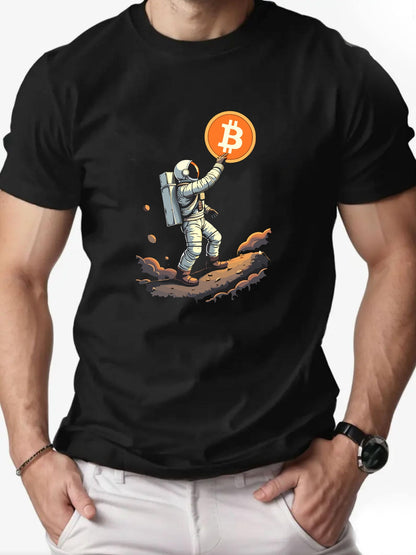 Men'S Astronaut Holding Bitcoin Graphic T-Shirt - Casual Crew Neck, Short Sleeve, Summer Tee, Cotton Blend, Space-Themed Design, Astronaut Shir