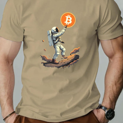 Men'S Astronaut Holding Bitcoin Graphic T-Shirt - Casual Crew Neck, Short Sleeve, Summer Tee, Cotton Blend, Space-Themed Design, Astronaut Shir
