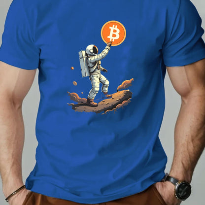 Men'S Astronaut Holding Bitcoin Graphic T-Shirt - Casual Crew Neck, Short Sleeve, Summer Tee, Cotton Blend, Space-Themed Design, Astronaut Shir