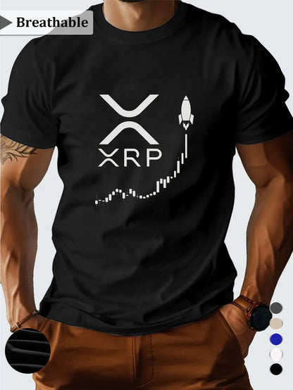 Men'S XRP Graphic T-Shirt - Casual Short Sleeve, Breathable Polyester, Black with White Print, Perfect for Summer Outings, Crypto-Themed Apparel | Crew Neck | Regular Fi