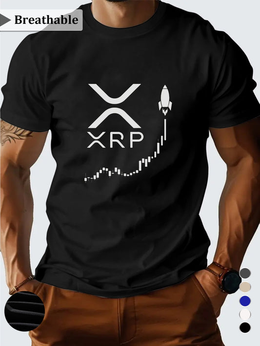Men'S XRP Graphic T-Shirt - Casual Short Sleeve, Breathable Polyester, Black with White Print, Perfect for Summer Outings, Crypto-Themed Apparel | Crew Neck | Regular Fi