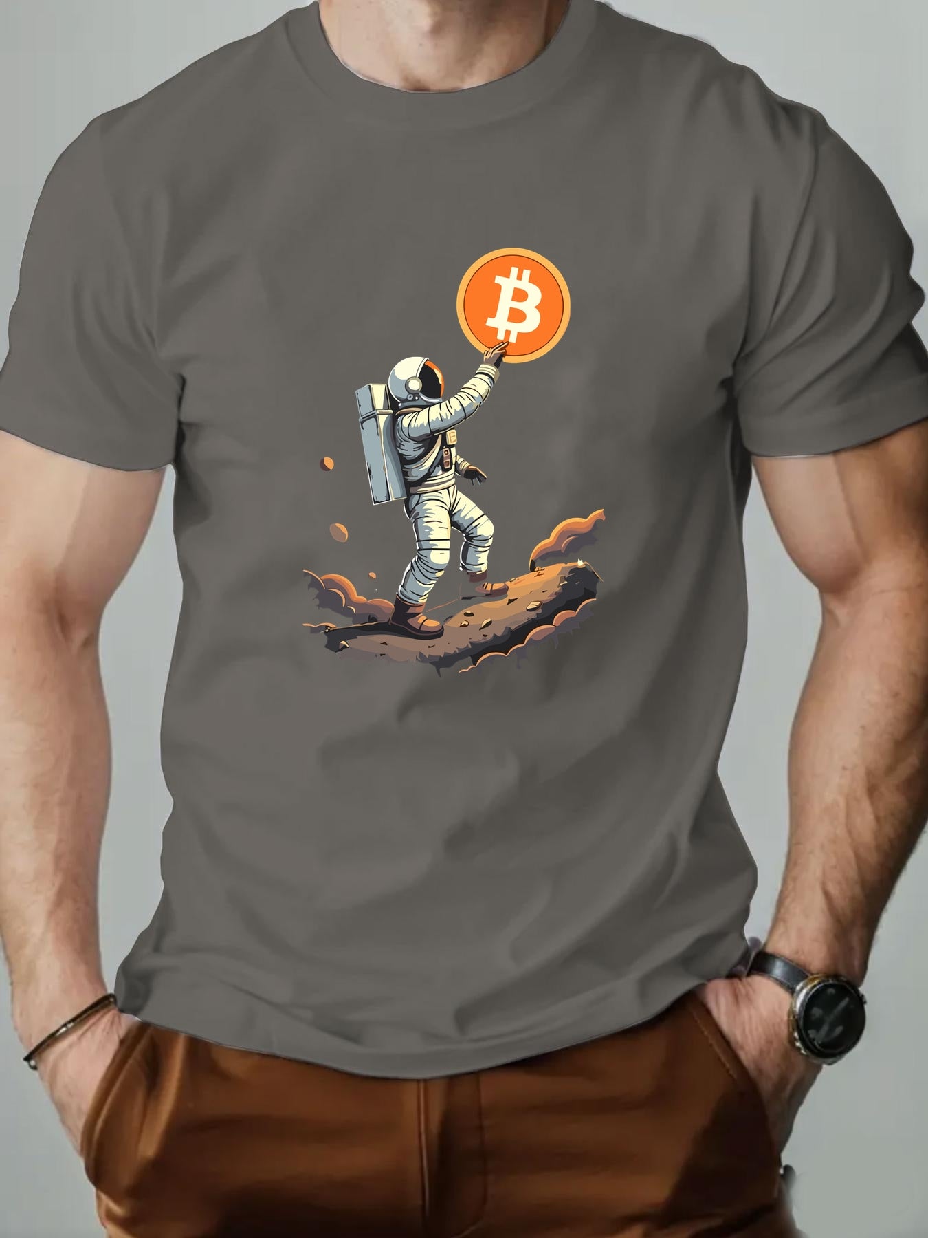 Men'S Astronaut Holding Bitcoin Graphic T-Shirt - Casual Crew Neck, Short Sleeve, Summer Tee, Cotton Blend, Space-Themed Design, Astronaut Shir