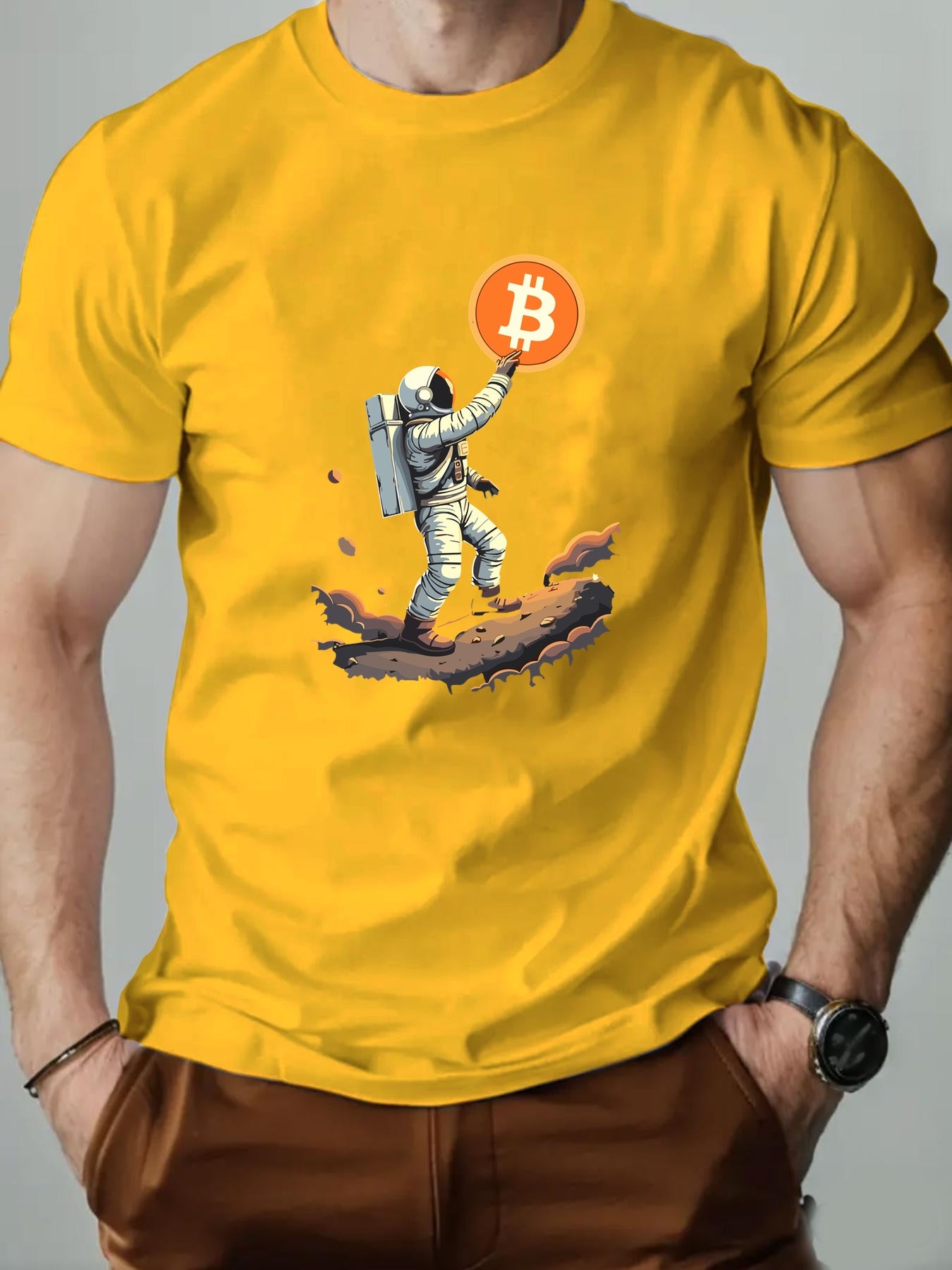 Men'S Astronaut Holding Bitcoin Graphic T-Shirt - Casual Crew Neck, Short Sleeve, Summer Tee, Cotton Blend, Space-Themed Design, Astronaut Shir