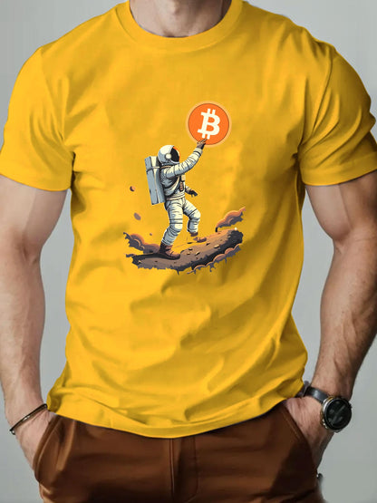 Men'S Astronaut Holding Bitcoin Graphic T-Shirt - Casual Crew Neck, Short Sleeve, Summer Tee, Cotton Blend, Space-Themed Design, Astronaut Shir