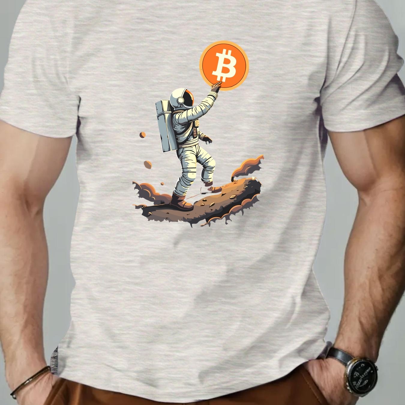 Men'S Astronaut Holding Bitcoin Graphic T-Shirt - Casual Crew Neck, Short Sleeve, Summer Tee, Cotton Blend, Space-Themed Design, Astronaut Shir