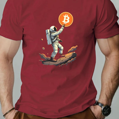 Men'S Astronaut Holding Bitcoin Graphic T-Shirt - Casual Crew Neck, Short Sleeve, Summer Tee, Cotton Blend, Space-Themed Design, Astronaut Shir